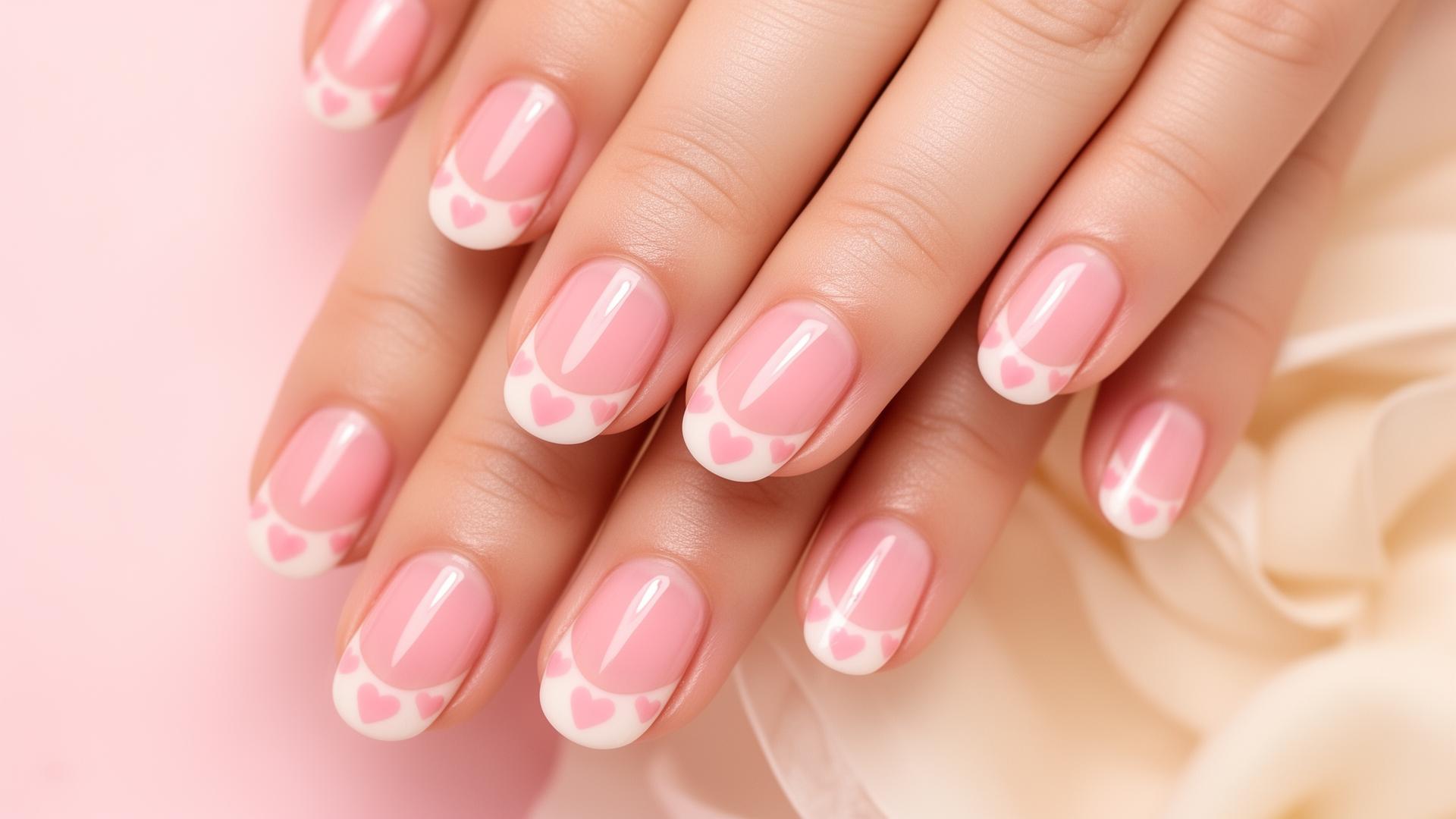 Soft pink manicure with milky french tips and tiny hearts